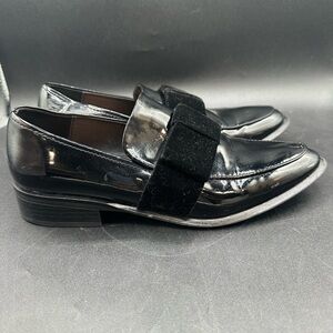 Zara Faux Black Patent Leather Velvet Bow Loafers Shoes Womens Size 7.5 EU 38